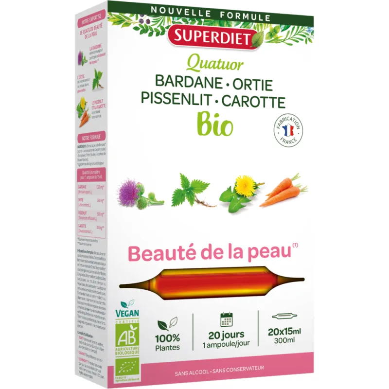 4 Plante pentru sanatatea pielii Bio, 15ml x 20 fiole sticla, Superdiet — preț și oferte