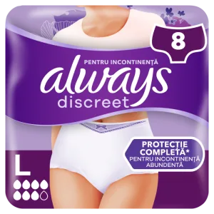 Chiloti pentru incontinenta urinara Discreet 7 picaturi L, 8 bucati, Always