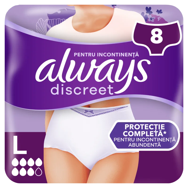 Chiloti pentru incontinenta urinara Discreet 7 picaturi L, 8 bucati, Always — preț și oferte