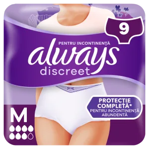 Chiloti pentru incontinenta urinara Discreet 7 picaturi M, 9 bucati, Always