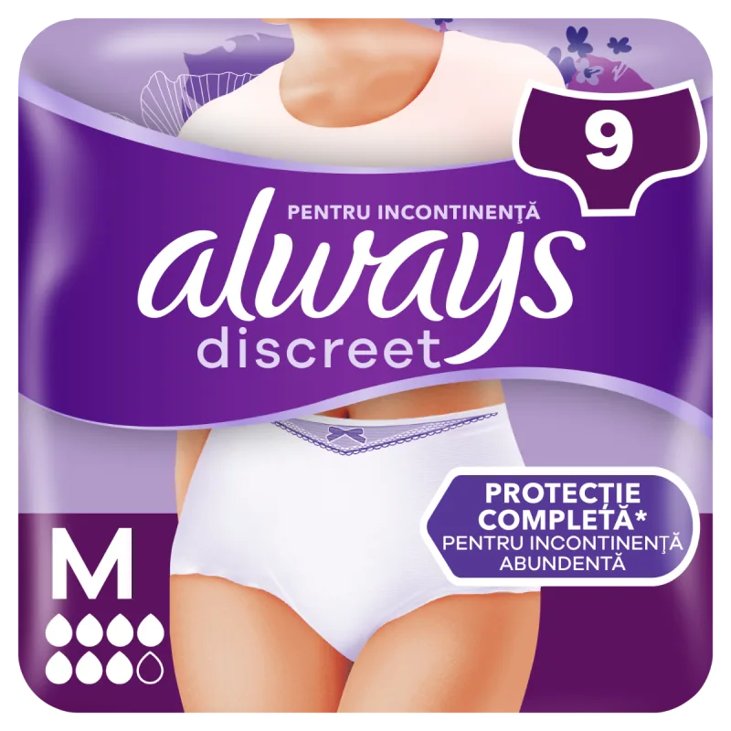 Chiloti pentru incontinenta urinara Discreet 7 picaturi M, 9 bucati, Always — preț și oferte