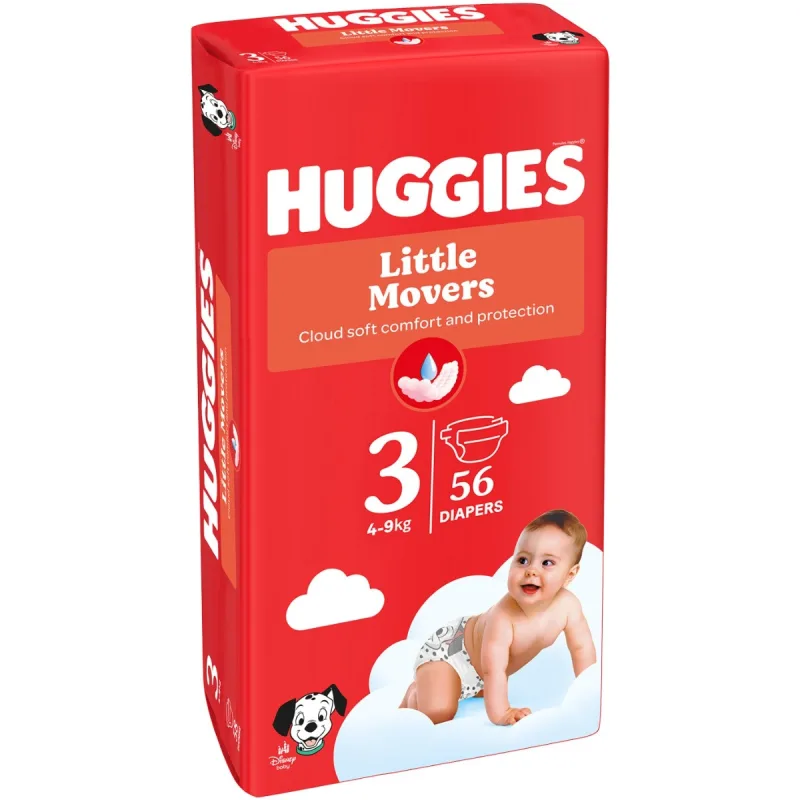 Scutece Little Movers Jumbo Marimea 3 pentru 4 - 9kg, 56 bucati, Huggies — preț și oferte