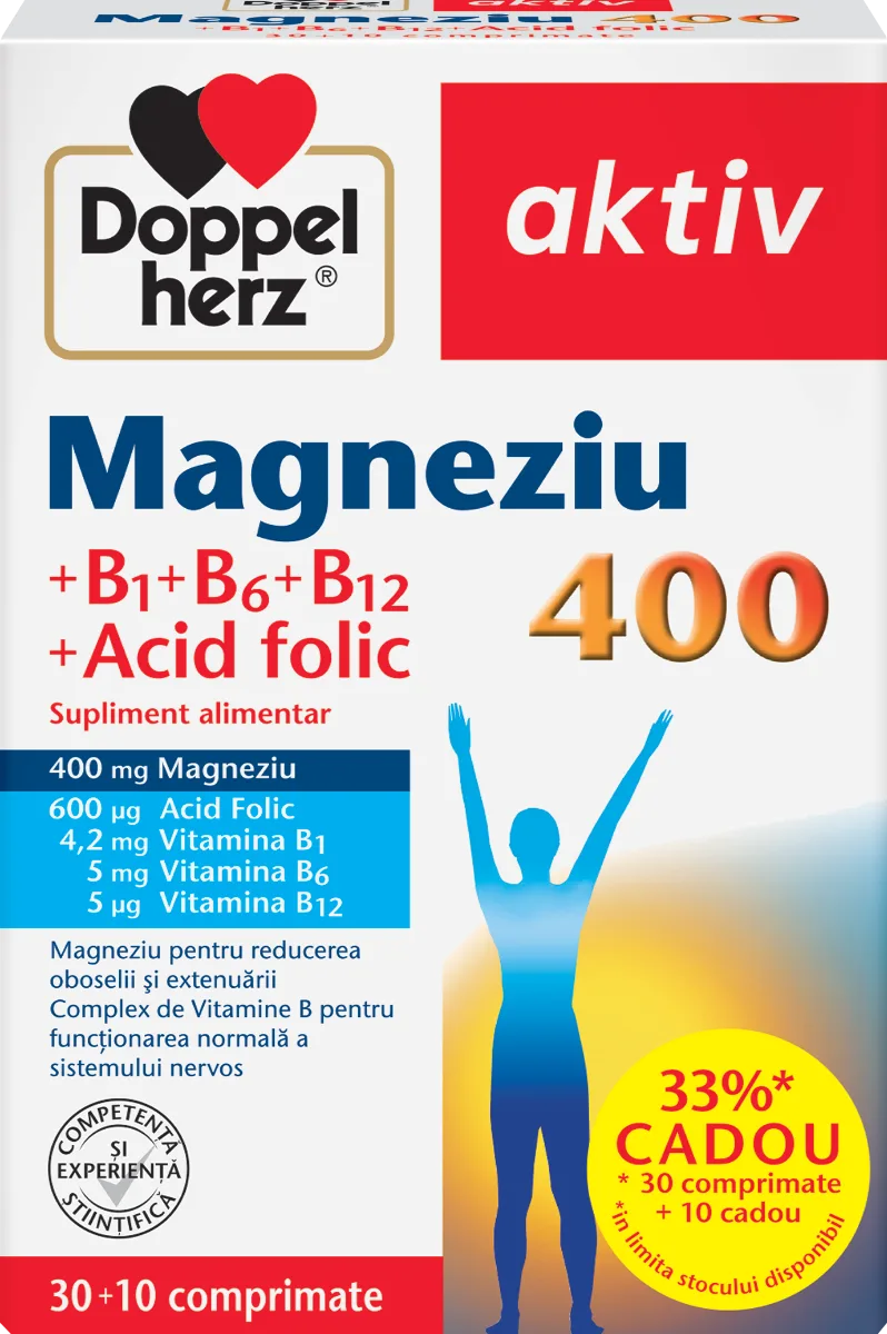 Magneziu 400 + B1 + B6 + B12 + Acid Folic, 30 + 10 comprimate, Doppelherz — preț și oferte