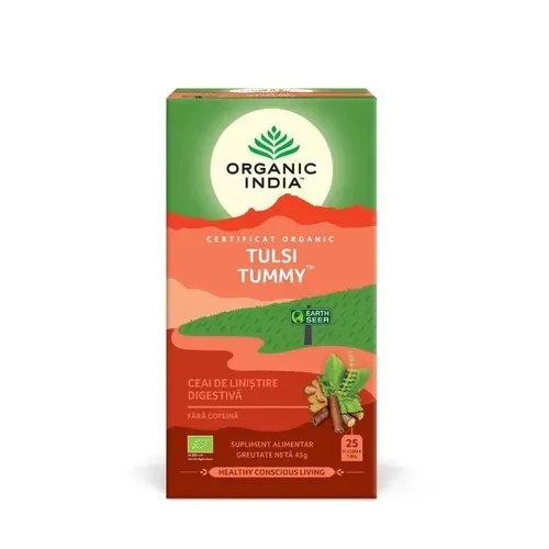 Ceai Eco Digestiv cu Plante Liniștitoare și Condimente Tulsi Tummy, 25plicuri, Organic India — preț și oferte