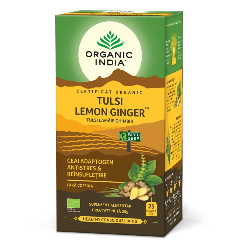 Ceai Bio Tulsi cu lamaie si ghimbir, 25 plicuri, Organic India — preț și oferte