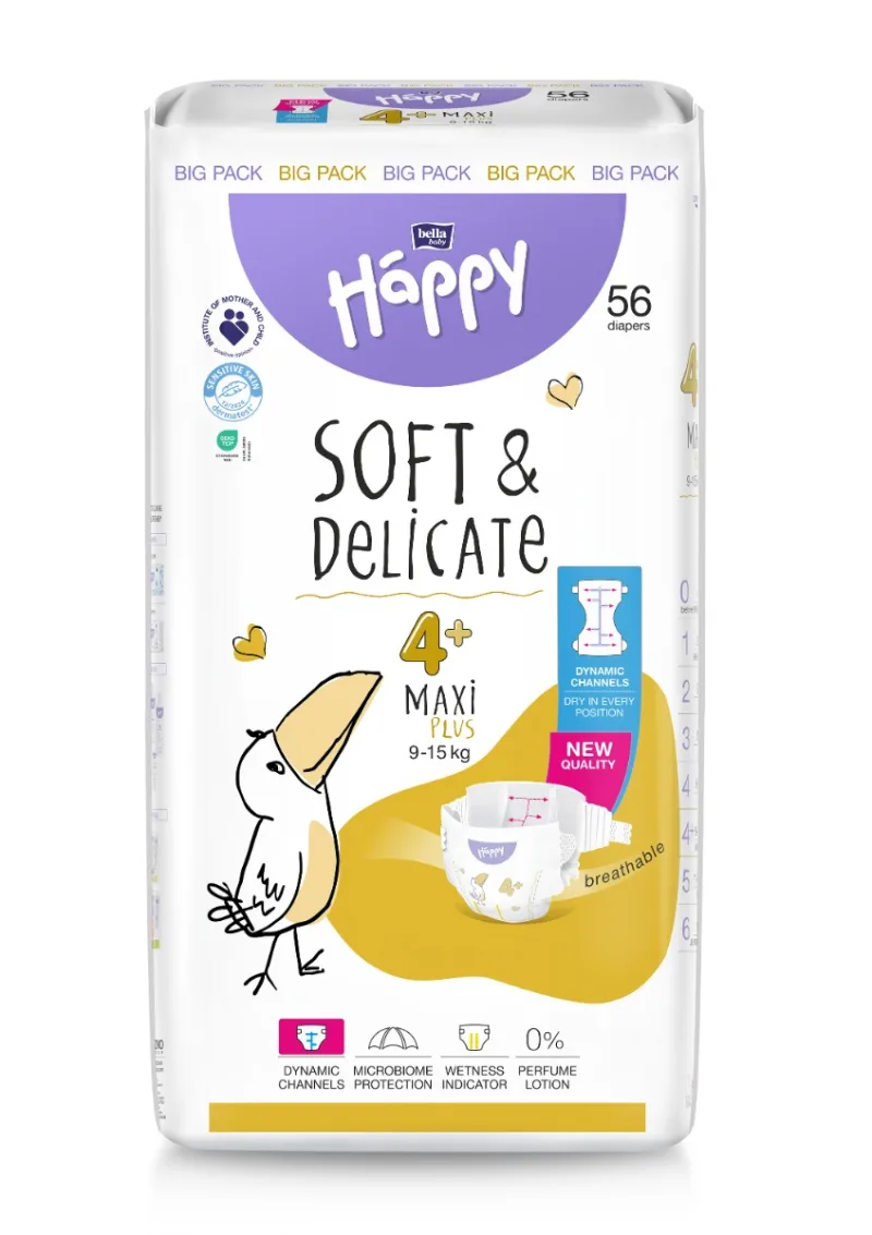 Scutece Happy Soft & Delicate 9-15 kg Maxi Plus Marimea 4+, 56 bucati, Bella Baby — preț și oferte