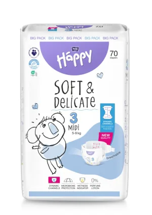 Scutece Happy Soft & Delicate 5-9 kg Midi Marimea 3, 70 bucati, Bella Baby