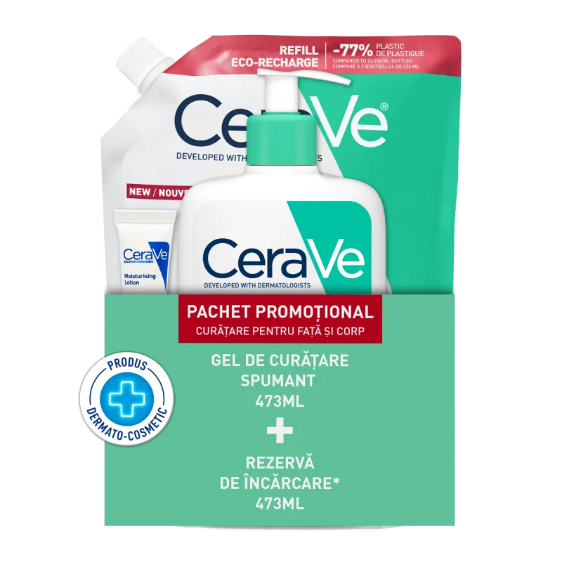 Pachet Gel spumant de curatare 473ml + Refill Gel spumant de curatare 473ml + Lotiune hidratanta 5ml, CeraVe — preț și oferte
