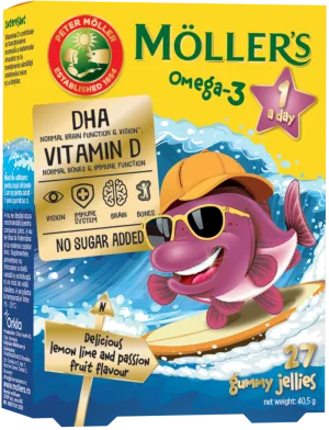 Pestisori gumati Omega 3 cu lemon lime si fructul pasiunii, 27 jeleuri, Moller's