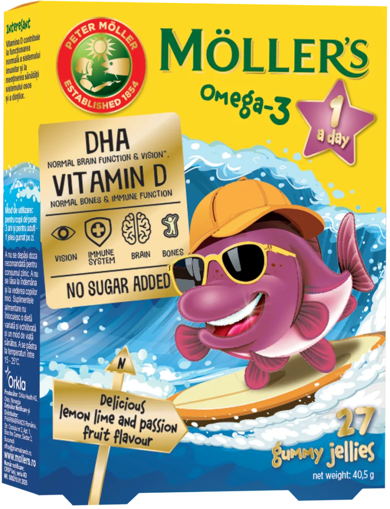 Pestisori gumati Omega 3 cu lemon lime si fructul pasiunii, 27 jeleuri, Moller's — preț și oferte