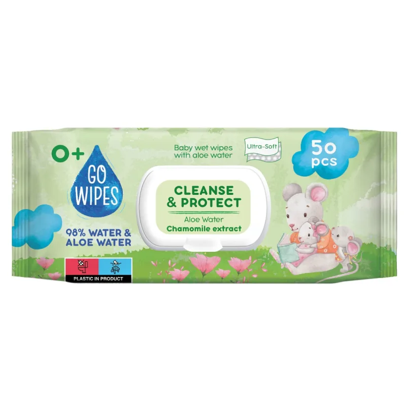 Servetele umede pentru copii cu apa de aloe si musetel, 50 bucati, Go Wipes — preț și oferte