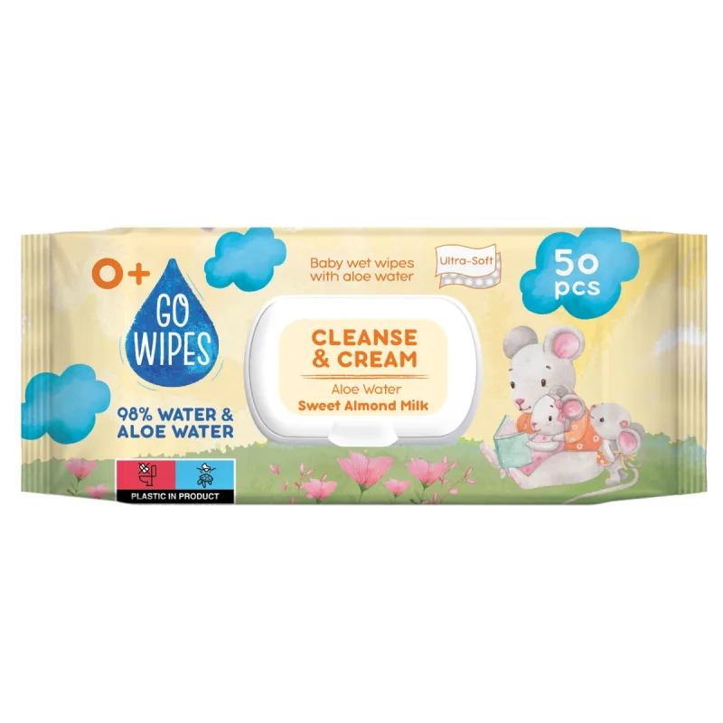 Servetele umede pentru copii cu apa de aloe si lapte de migdale, 50 bucati, Go Wipes — preț și oferte