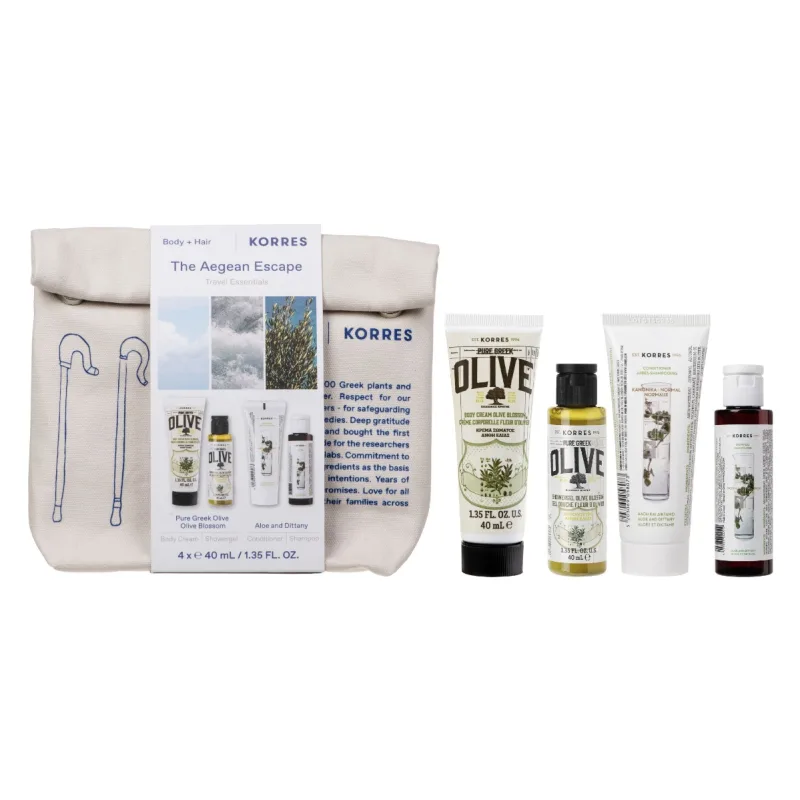 Pachet Travel Olive Gel de dus 40ml + Crema de corp 40ml + Gel de dus 40ml + Balsam 40ml, Korres — preț și oferte