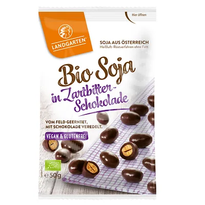Boabe de soia invelite in ciocolata amaruie fara gluten, 50G, Landgarten — preț și oferte