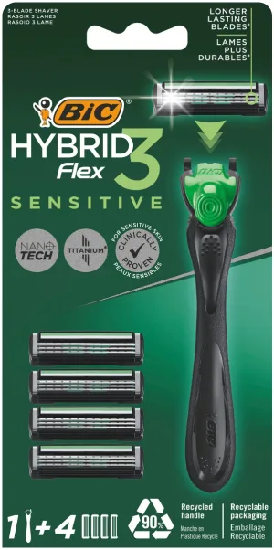Pachet Aparat de ras Hybrid Flex 3 Sensitive 1 bucata + Rezerve 3 bucati, BIC
