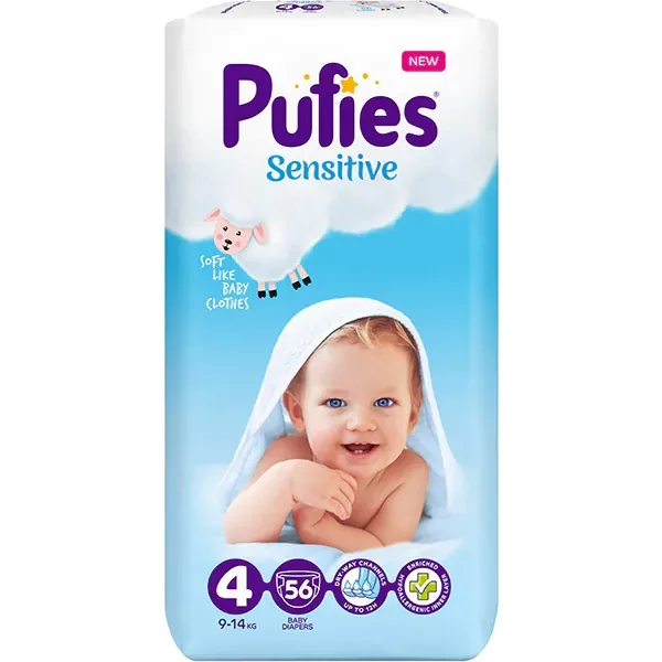 Scutece Sensitive Nr.4 9-15kg, 56 bucati, Pufies — preț și oferte