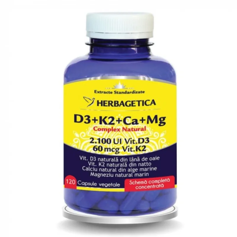 Complex natural D3+K2+Ca+Mg, 120 capsule, Herbagetica — preț și oferte