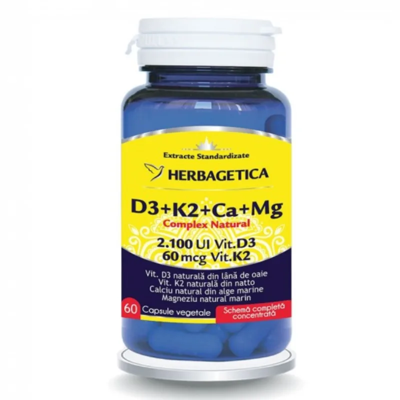 Complex natural D3+K2+Ca+Mg, 60 capsule, Herbagetica — preț și oferte
