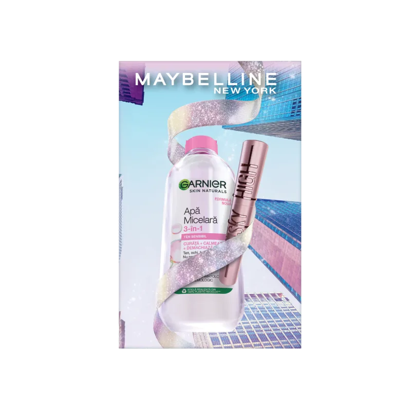 Pachet Apa micelara Skin Naturals 400ml, Garnier + Mascara Lash Sensational Sky High Black, 7.2ml, Maybelline — preț și oferte