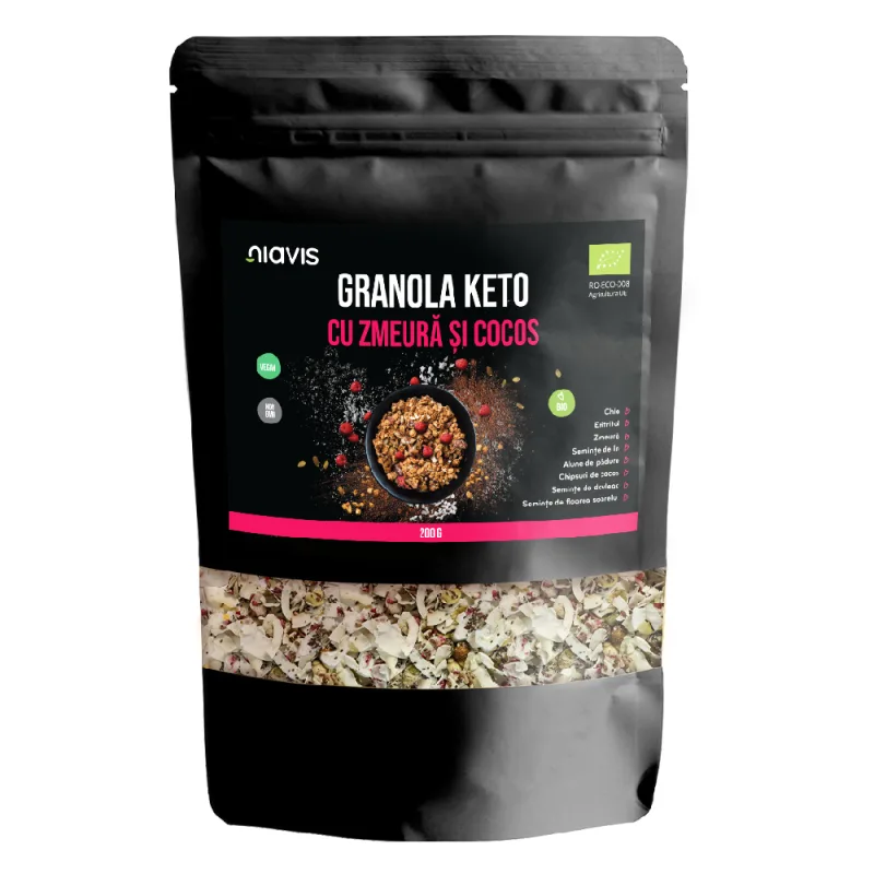 Granola keto cu zmeura si cocos ecologica, 200g, Niavis — preț și oferte
