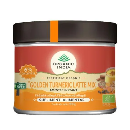 Golden Turmeric latte mix amestec instant cu 6% Curcumina Organica, 100g, Organic India — preț și oferte