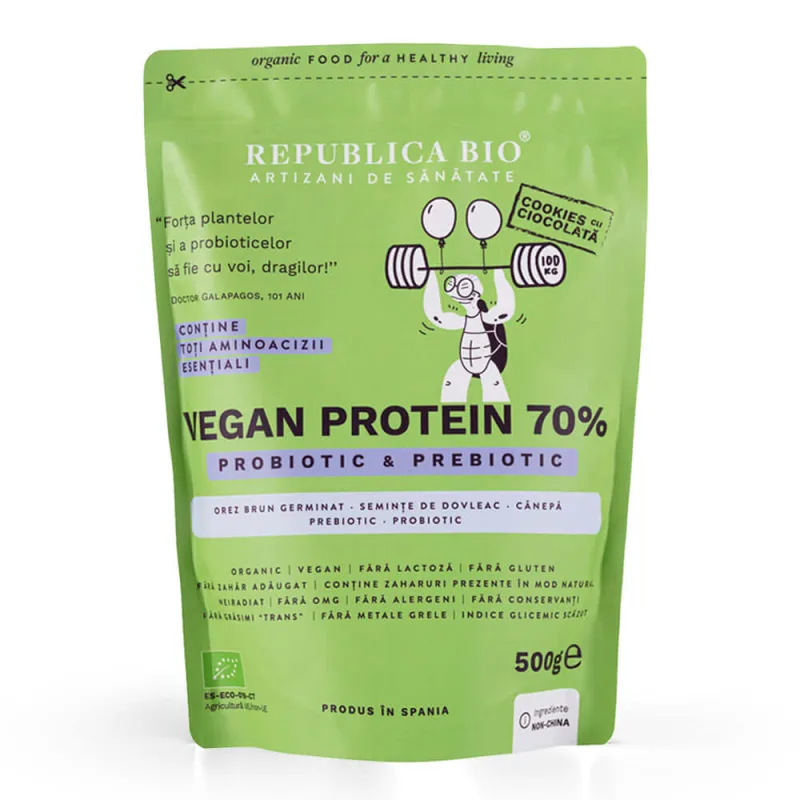 Vegan Protein 70% Probiotic & Prebiotic cookie ecologica, 500g, Republica Bio — preț și oferte