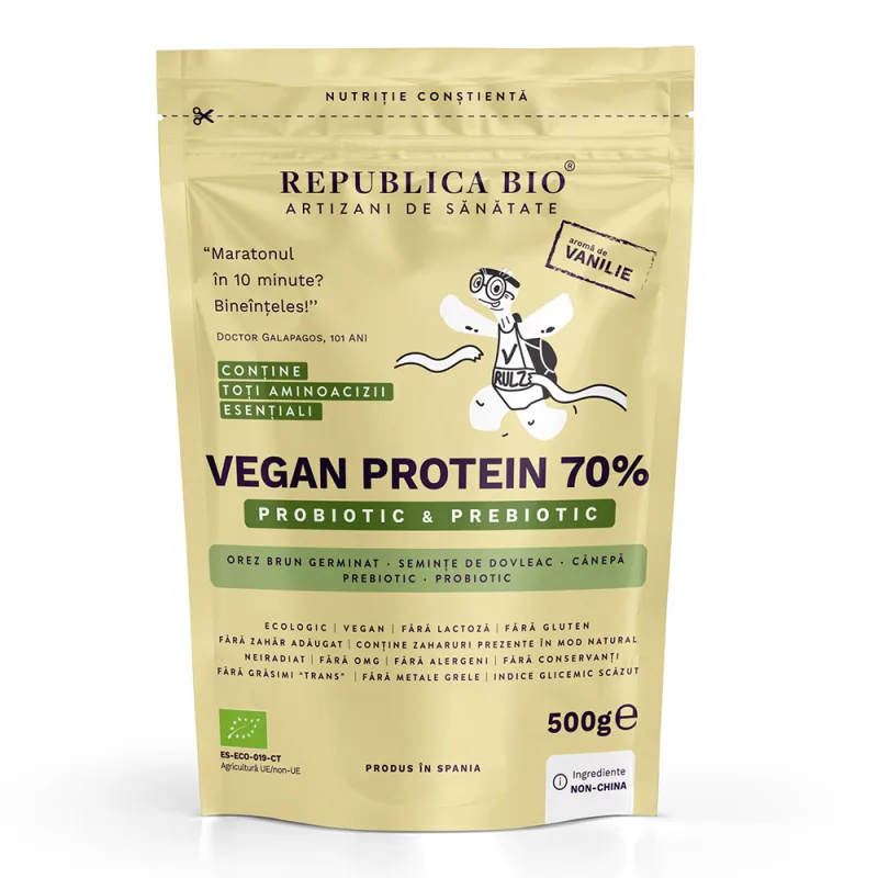Vegan Protein 70% Probiotic & Prebiotic vanilie ecologica, 500g, Republica Bio — preț și oferte