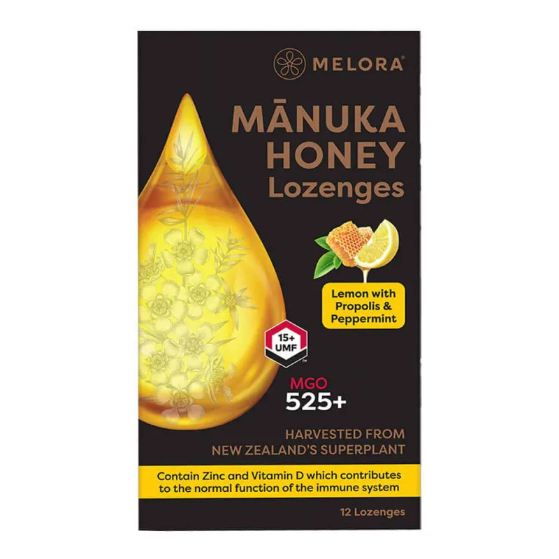 Dropsuri miere de Manuka MGO 525+ UMF 15+ cu lamaie si propolis, 12 buc, Melora — preț și oferte
