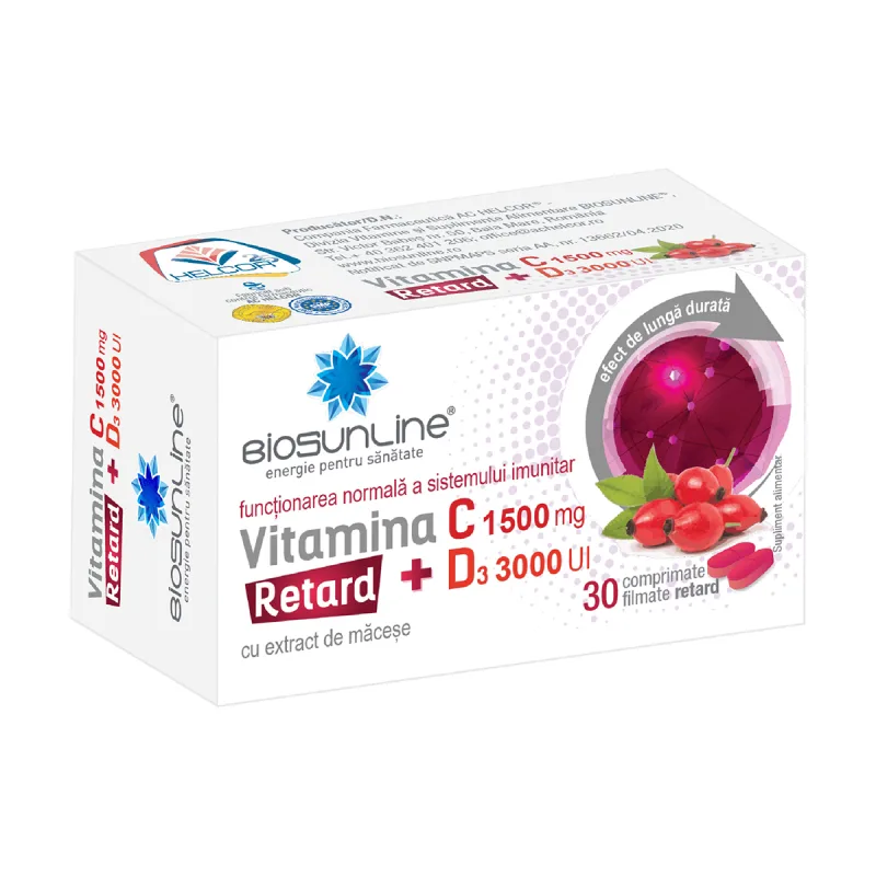 Vitamina C 1500mg + D3 3000UI Retard, 30 comprimate filmate, BioSunLine — preț și oferte
