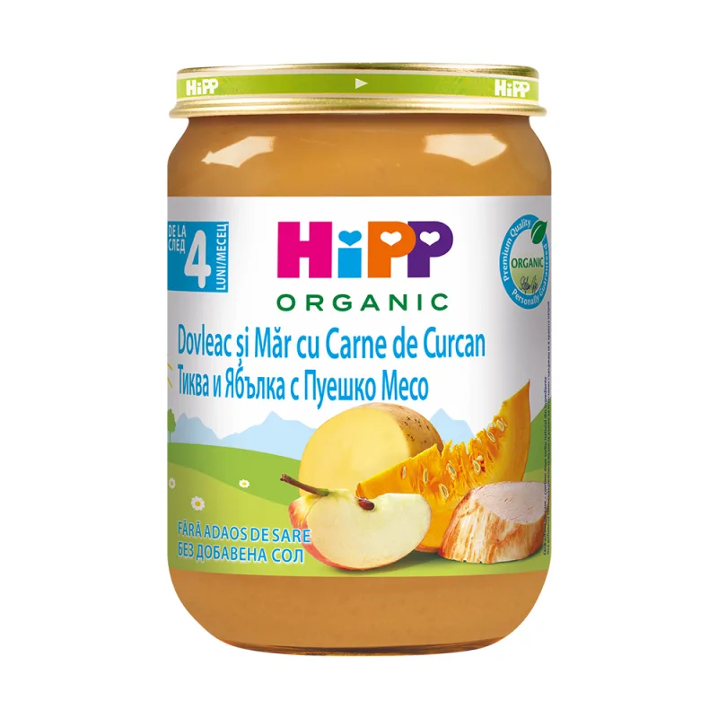 Piure Bio dovleac si mar cu carne de curcan +4 luni, 190g, Hipp — preț și oferte