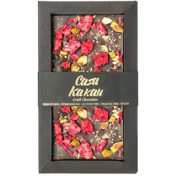 Ciocolata artizanala cu fistic si zmeura liofilizata, 70g, Casa Kakau — preț și oferte