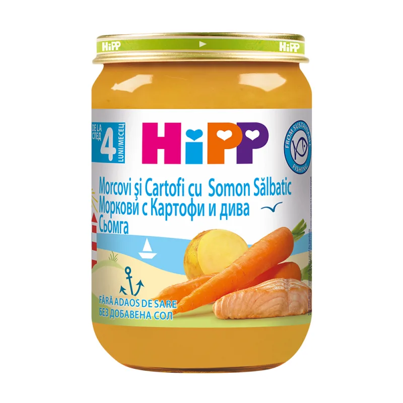 Piure Morcovi si cartofi cu somon salbatic +4 luni, 190g, Hipp — preț și oferte