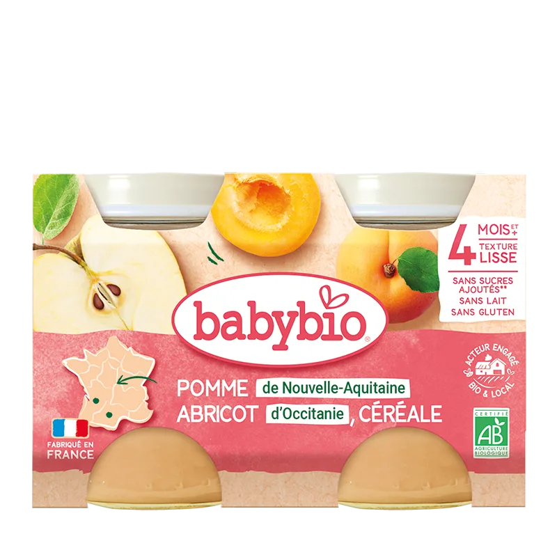 Piure din mere, caise si cereale Bio +4 luni, 2 x 130g, BabyBio — preț și oferte