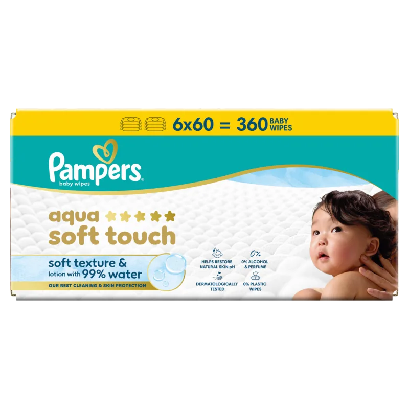 Servetele umede cu 99% apa si lotiune usoara Aqua Soft Touch, 360 bucati, Pampers — preț și oferte