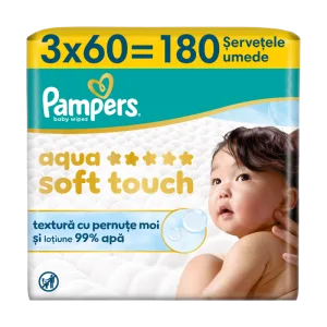 Servetele umede cu 99% apa si lotiune usoara Aqua Soft Touch, 180 bucati, Pampers