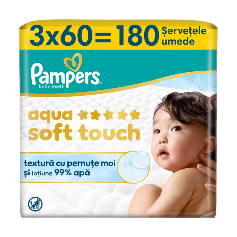 Servetele umede cu 99% apa si lotiune usoara Aqua Soft Touch, 180 bucati, Pampers — preț și oferte