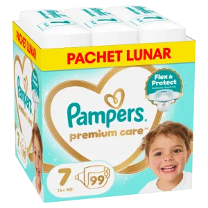 Scutece Premium Care Marimea 7 pentru 15+ kg, 99 bucati, Pampers