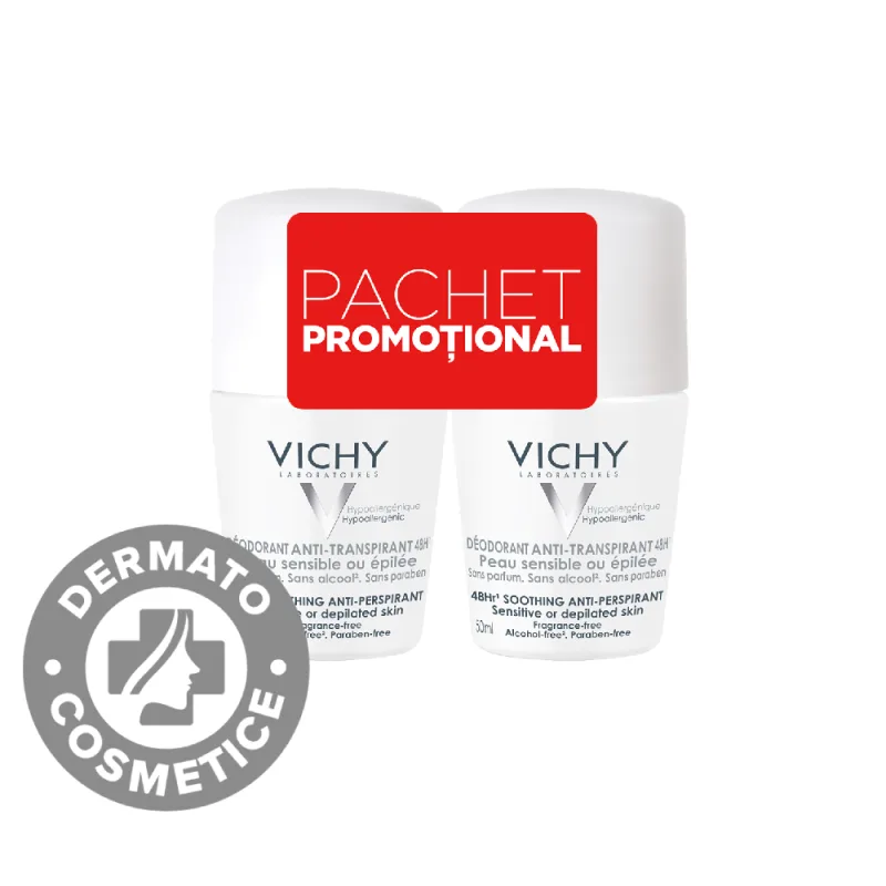 Pachet Deodorant roll-on fara parfum antiperspirant 48h, 2x50ml, Vichy — preț și oferte