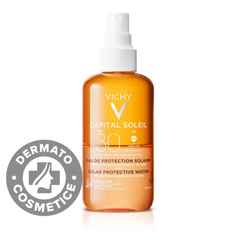 Apa cu protectie solara SPF 30+ pentru bronz de durata fata si corp Capital Soleil, 200ml, Vichy — preț și oferte