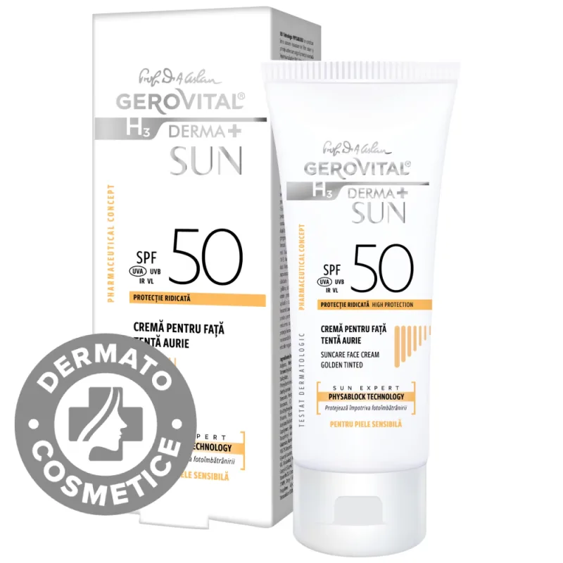 Crema de fata cu tenta aurie SPF 50 H3 Derma+ Sun, 50ml, Gerovital — preț și oferte