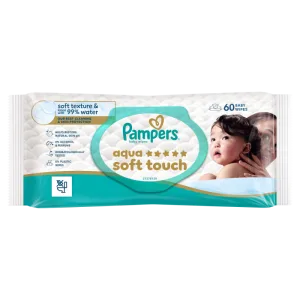 Servetele umede cu 99% apa si lotiune usoara Aqua Soft Touch, 60 bucati, Pampers