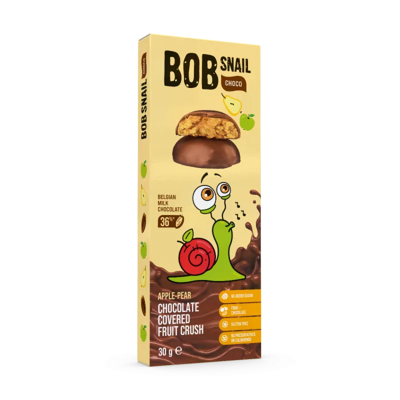 Snack fructat din mere si pere in ciocolata cu lapte, 30g, Bob Snail — preț și oferte