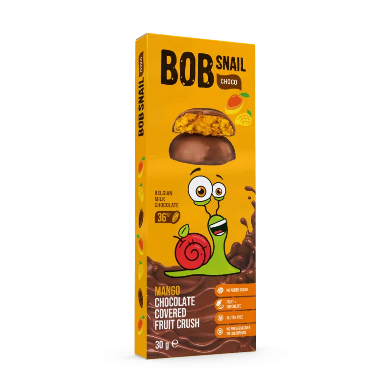 Snack fructat din mango invelit in ciocolata cu lapte, 30g, Bob Snail — preț și oferte