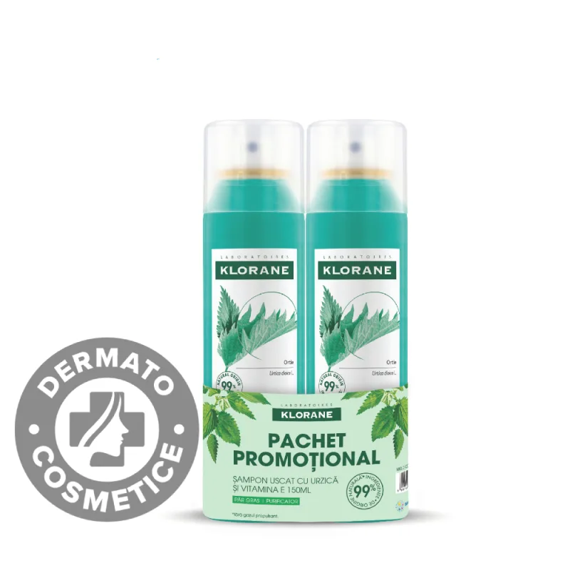 Pachet sampon uscat cu extract de urzica si vitamina E, 2 x 150ml, Klorane — preț și oferte