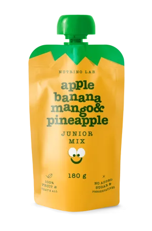Piure pasteurizat din fructe cu mere banane mango si ananas Junior Mix, 180g, Nutrino Lab