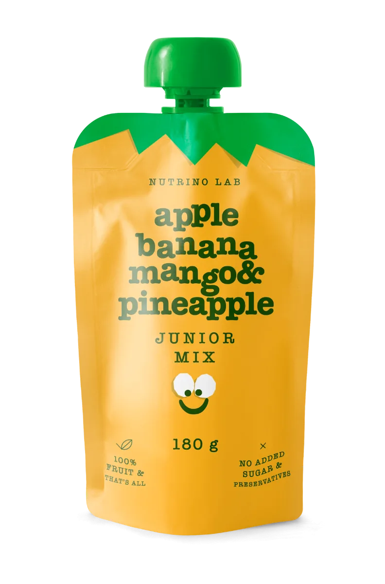Piure pasteurizat din fructe cu mere banane mango si ananas Junior Mix, 180g, Nutrino Lab — preț și oferte