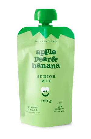 Piure pasteurizat din fructe cu mere pere si banane Junior Mix, 180g, Nutrino Lab