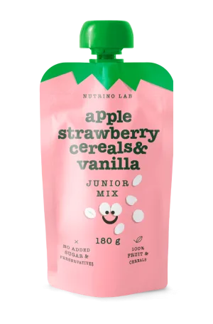 Piure pasteurizat din fructe cu mere capsuni si adaos de cereale vanilie si vitamina C Junior Mix, 180g, Nutrino Lab