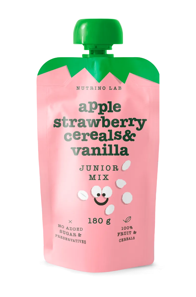 Piure pasteurizat din fructe cu mere capsuni si adaos de cereale vanilie si vitamina C Junior Mix, 180g, Nutrino Lab — preț și oferte
