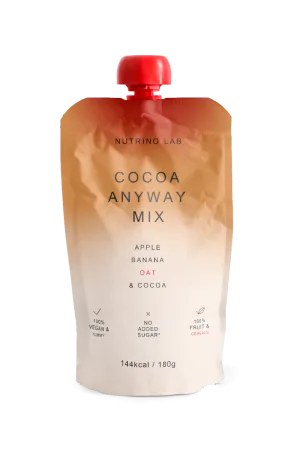 Piure pasteurizat din fructe cu mere si banane cu adaos de ovaz si pudra de cacao, 180g, Nutrino Lab